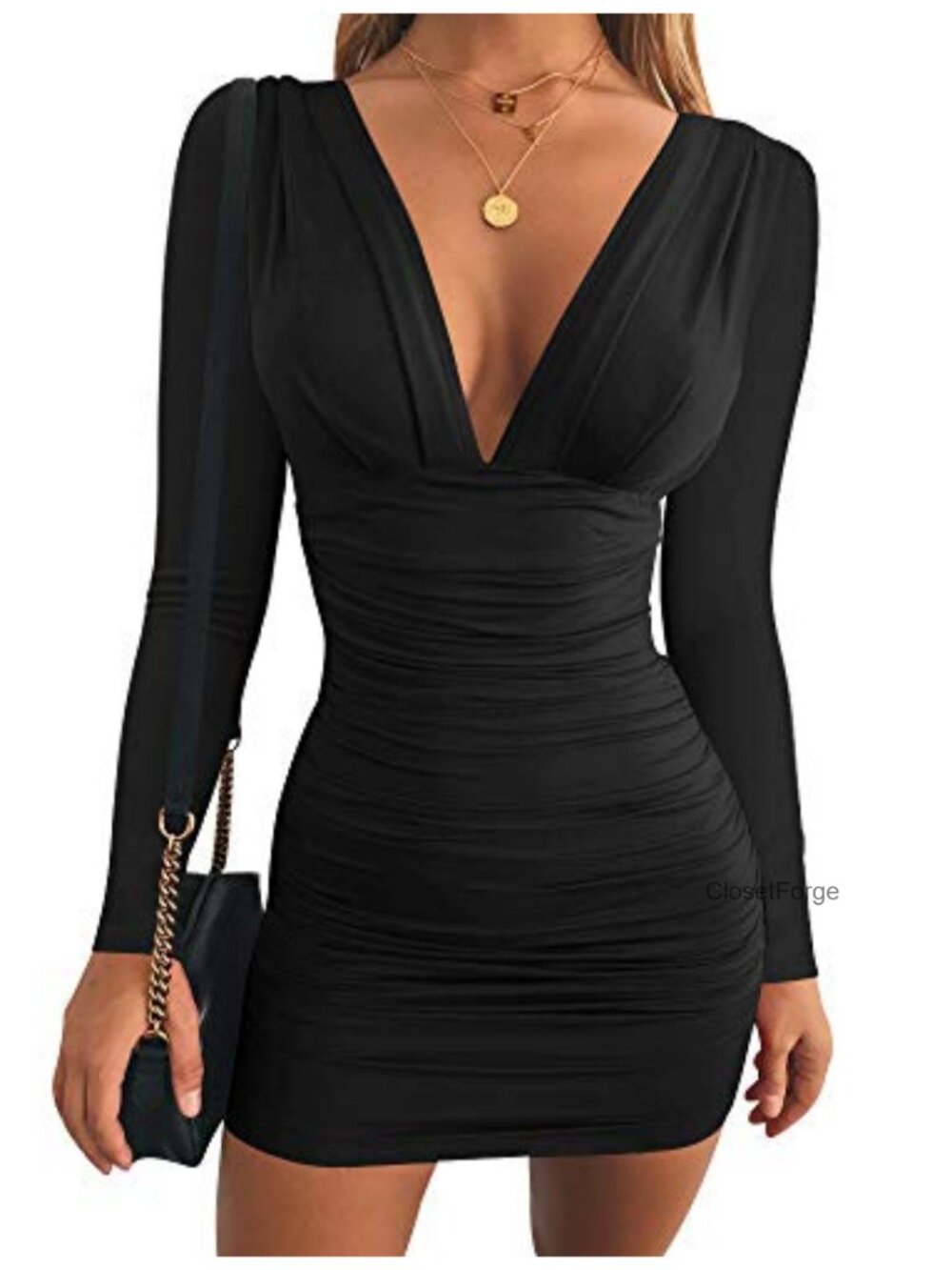 Womens Long Sleeve V Neck Bodycon Mini Ruched Party Dress